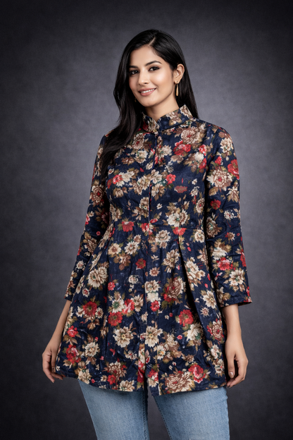 Women’s Navy Blue Floral Printed Long Top / Tunic (Full Sleeves)