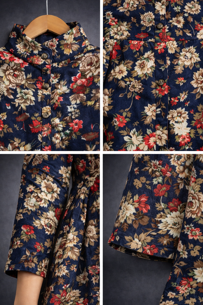 Women’s Navy Blue Floral Printed Long Top / Tunic (Full Sleeves)