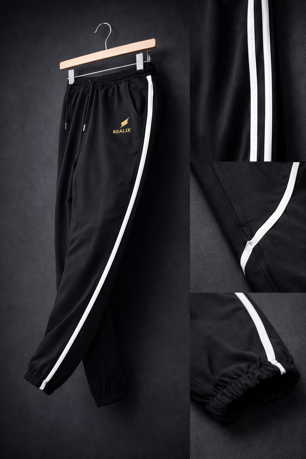 KEALIX Men’s Black Track Pant with White Side Stripe