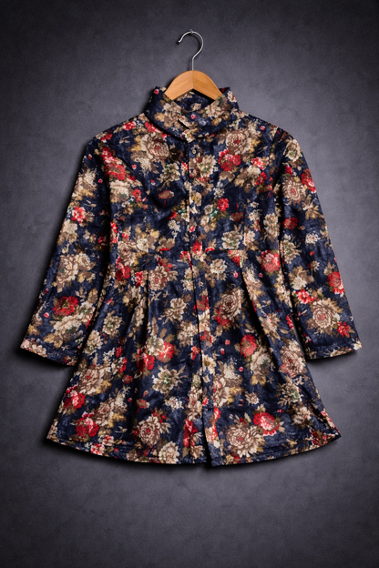 Women’s Navy Blue Floral Printed Long Top / Tunic (Full Sleeves)