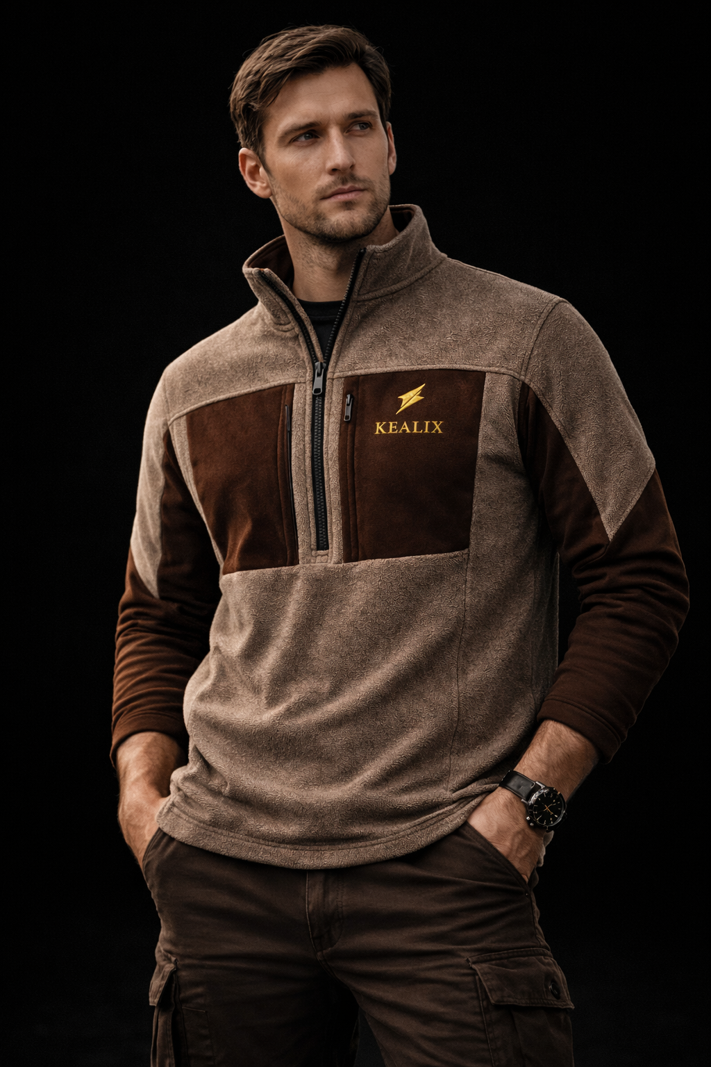 Men’s Premium Two-Tone Quarter-Zip Fleece Pullover – Brown/Beige