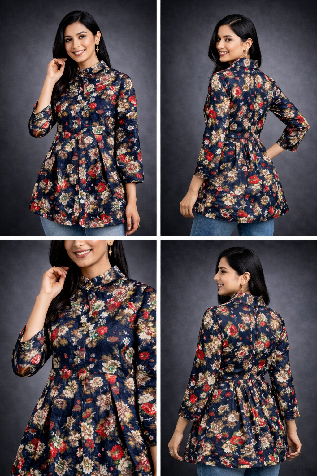 Women’s Navy Blue Floral Printed Long Top / Tunic (Full Sleeves)