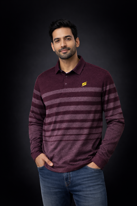 KEALIX Men’s Maroon Striped Polo T-Shirt – Full Sleeve Smart Casual