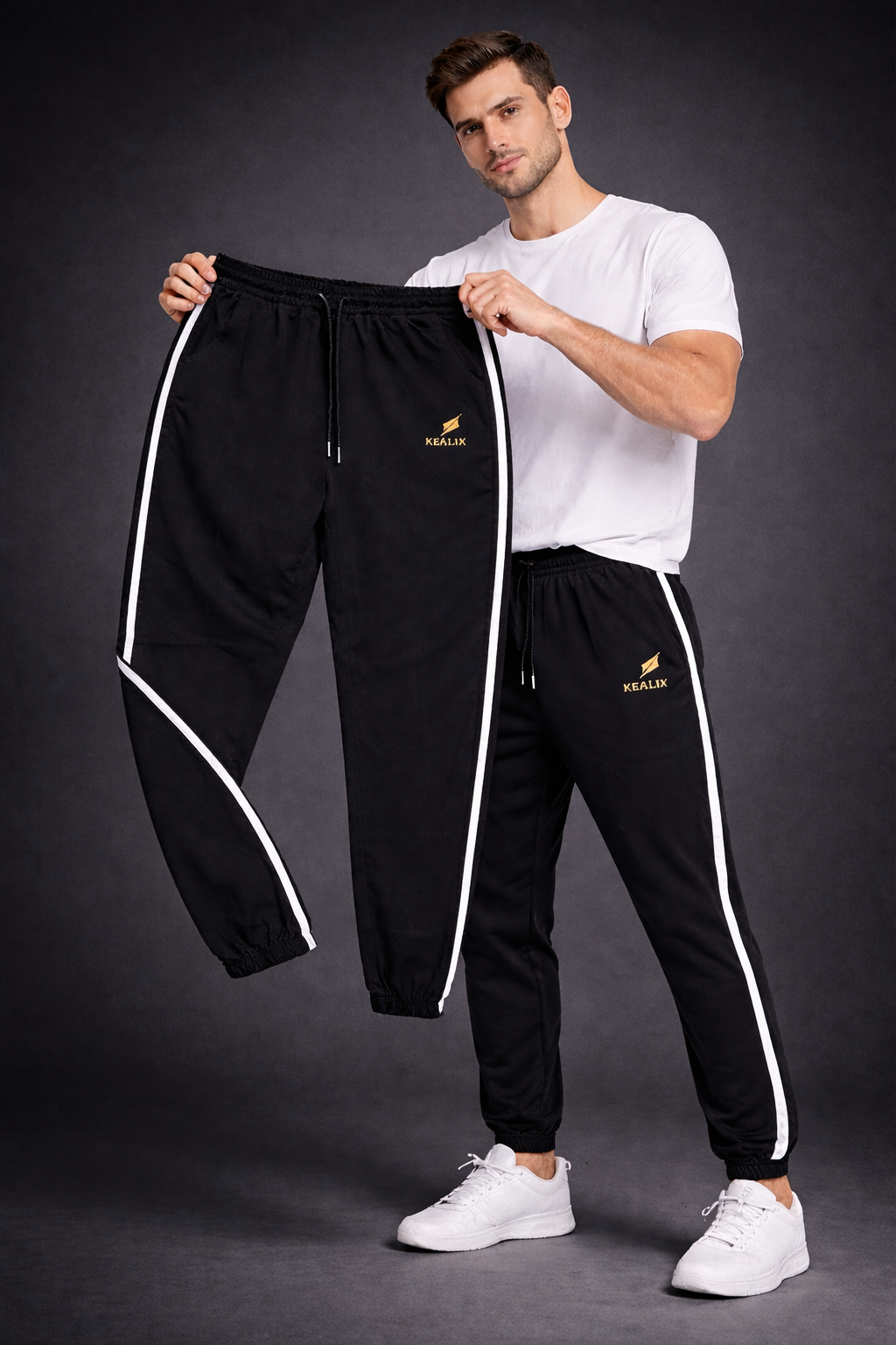 KEALIX Men’s Black Track Pant with White Side Stripe